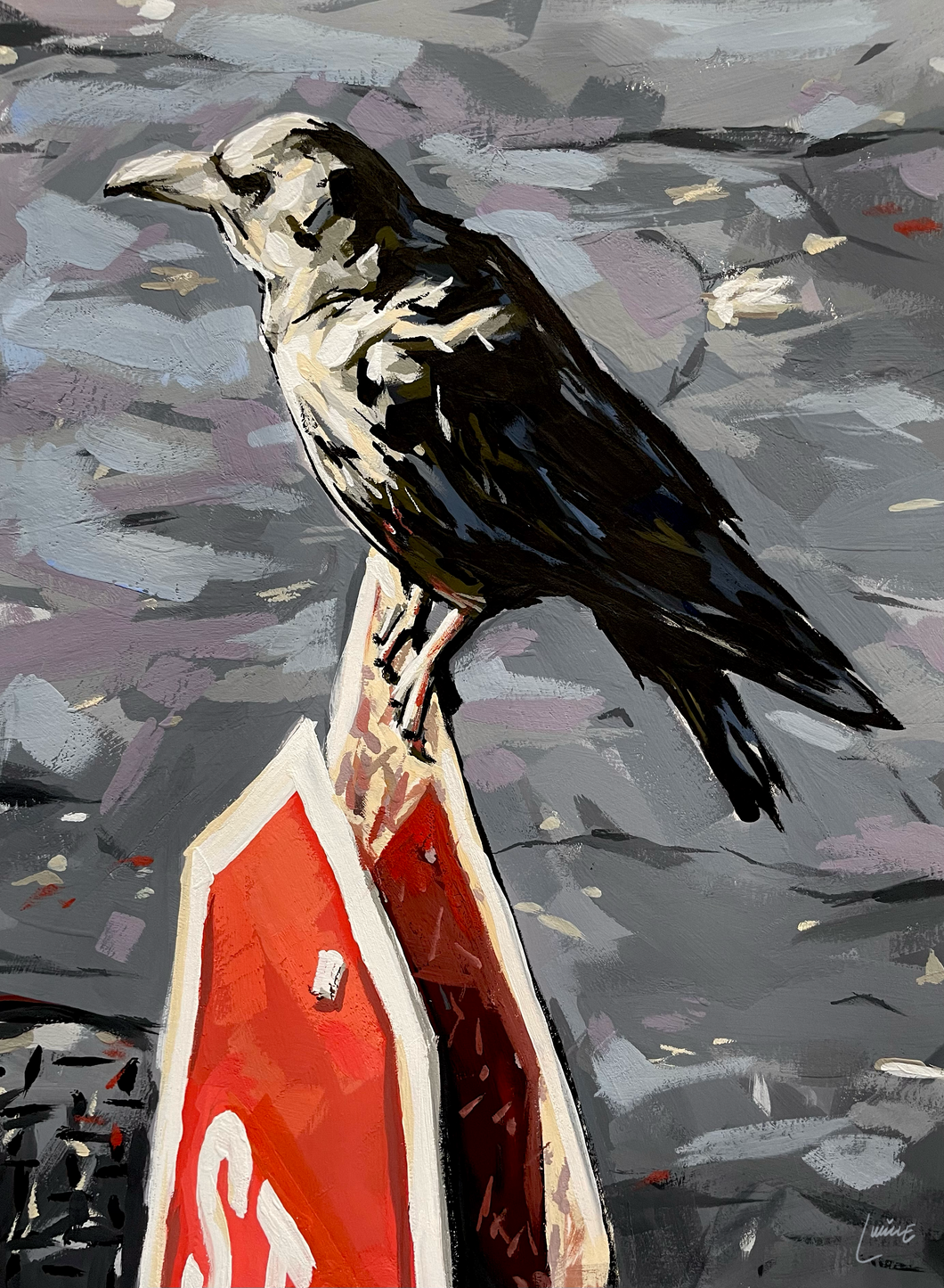 crow on stop sign - 9x12